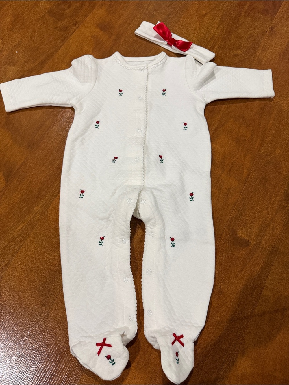 Little Me White Footed One-Piece with Red Rose Accents and Matching Headband